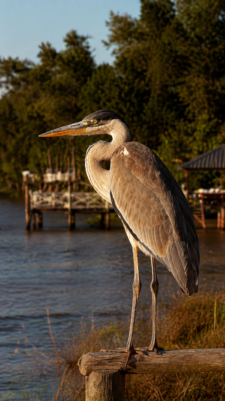 Garza mora junto al río